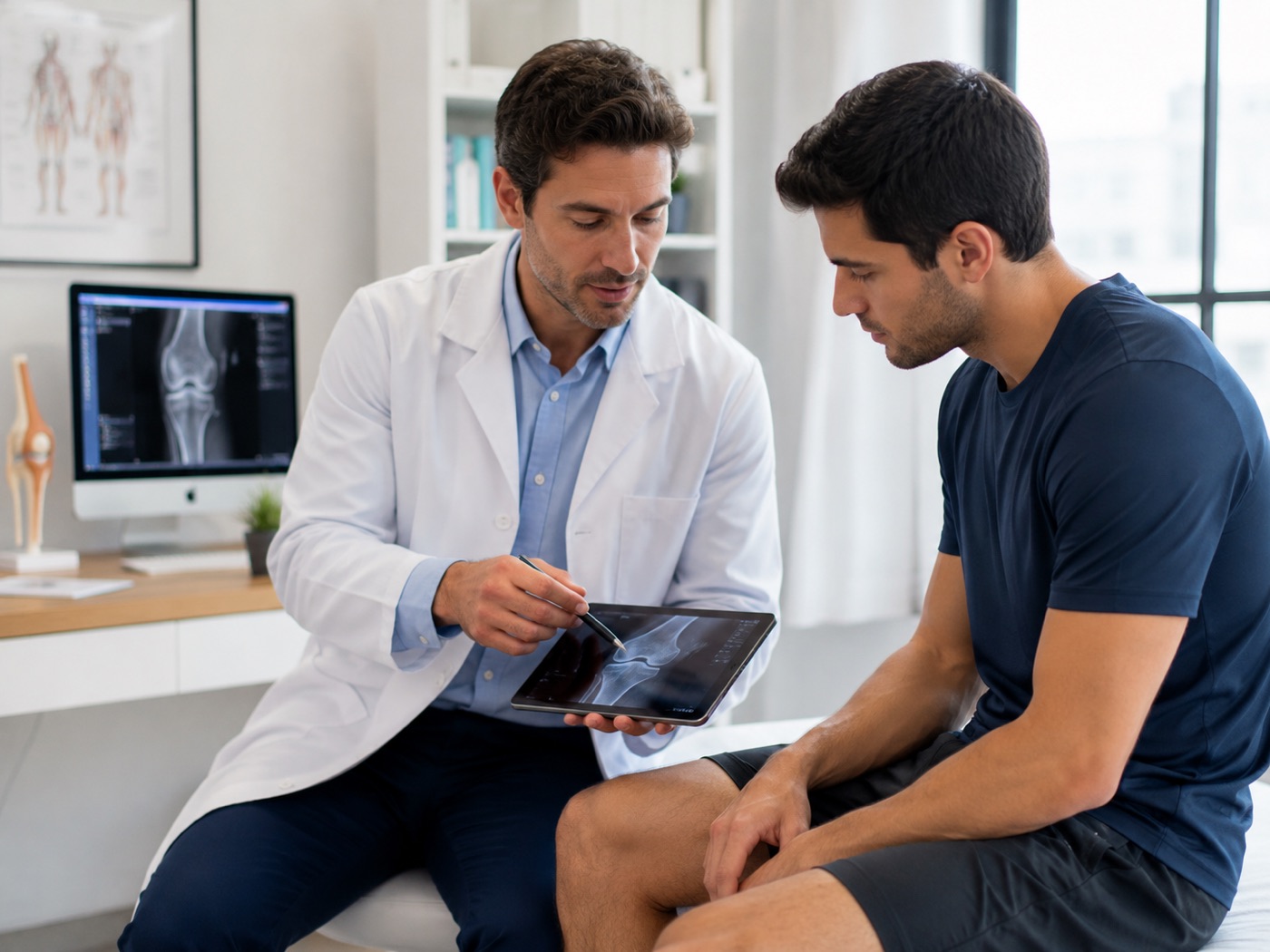 Traumatólogo explicando una lesión de rodilla a un paciente durante una consulta médica