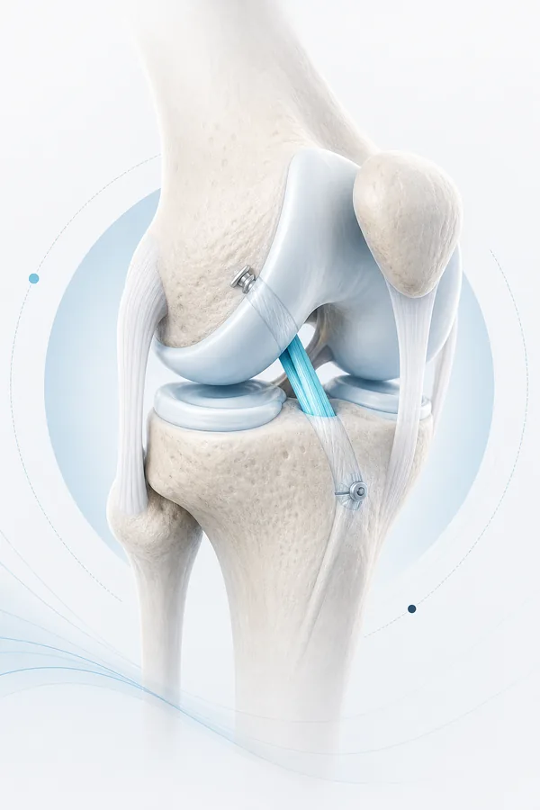 Ilustración médica de reconstrucción del ligamento cruzado anterior mediante artroscopia